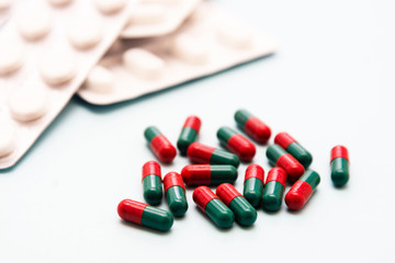 Close up pills - health care, virus, food supplement or pain prescription. Copy space.