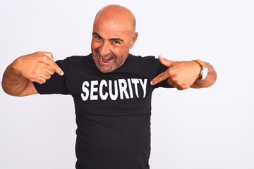 Middle age safeguard man wearing security uniform standing over isolated white background looking...
