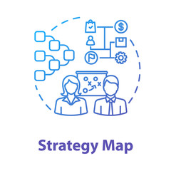 Fototapeta na wymiar Strategy map concept icon. Career in marketing. Entrepreneurship, startup. Teamwork on project. Business planning idea thin line illustration. Vector isolated outline RGB color drawing
