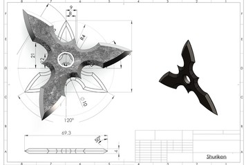 3d illustration of ninja shuriken star above technical engineering drawing © Ildar