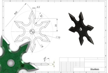 3d illustration of ninja shuriken star above technical engineering drawing © Ildar