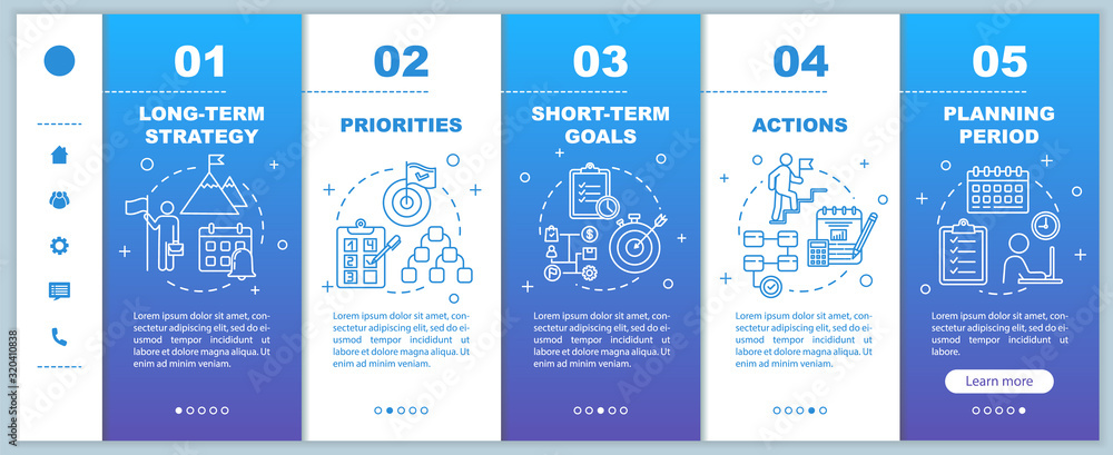Poster strategy for business onboarding vector template. priorities and actions. planning period. responsiv