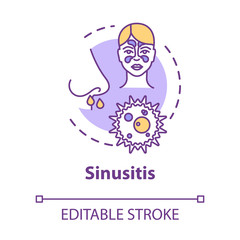 Sinusitis concept icon. Stuffy nose. Paranasal inflammation. Respiratory illness. Nasal problem. Flu infection idea thin line illustration. Vector isolated outline RGB color drawing. Editable stroke