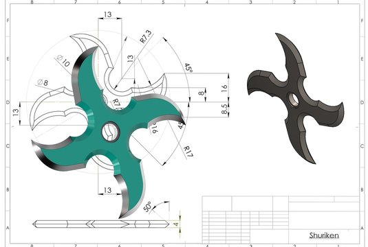 3d Illustration Of Ninja Shuriken Star Above Technical Engineering Drawing