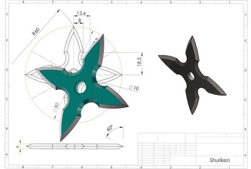 3d illustration of ninja shuriken star above technical engineering drawing