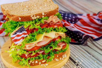 Sandwiche with american flag on background for american holiday party.