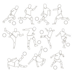 Set of vector illustrations of soccer players with the ball in different poses. Drawings in a style outline on a white isolated background.