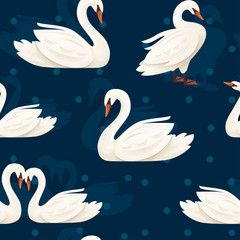 Seamless pattern of white swam bird flat vector illustration on blue background