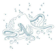 Octopus with air bubbles for coloring book outline design flat vector illustration on white background
