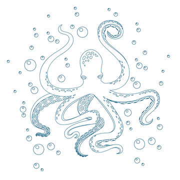 Octopus with air bubbles for coloring book outline design flat vector illustration on white background