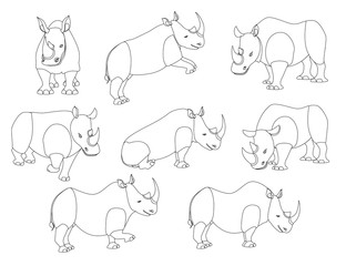 Set of african rhinoceros in different poses outline cartoon animal design flat vector illustration isolated on white background