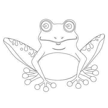 Cute smiling outline style frog sitting on ground cartoon animal design flat vector illustration isolated on white background