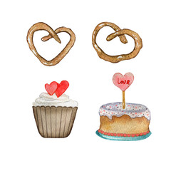 Watercolor illustration of cupcakes and cake, heart shaped cookies. Hand-drawn with watercolors and is suitable for all types of design and printing.