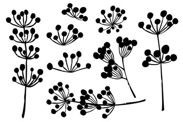 Black silhouette set of hand drawn tree branches with leaves botanical flowers floral hand drawn scandinavian style art design element flat vector illustration