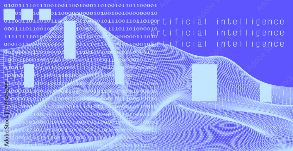 Aufkleber Glitched screen with binary code and wavy grid. Concept illustration for Artificial Intelligence, Big Data and Machine Learning technologies.
