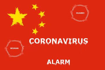 The writings of the cities of coronavirus and wuhan, hubei on the Chinese flag. Red