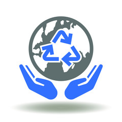 Hands give earth planet with recycling symbol icon vector. Sustainable Development Ecology Save Environment Logo.