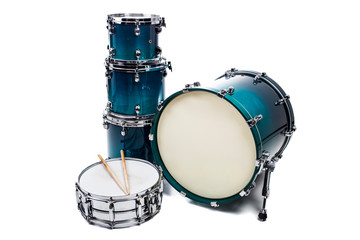 Blue drum set with drumsticks