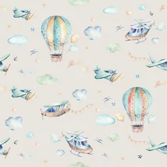 Tapeten Tiere mit Ballon Aquarell-Hintergrundillustration einer niedlichen Cartoon- und ausgefallenen Himmelsszene komplett mit Flugzeugen, Hubschraubern, Flugzeug und Ballons, Wolken. Junge nahtlose Muster. Es ist ein Babyparty-Design