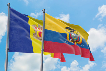 Ecuador and Andorra flags waving in the wind against white cloudy blue sky together. Diplomacy concept, international relations.