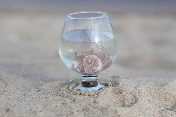 glass with a sink on a background of the sea