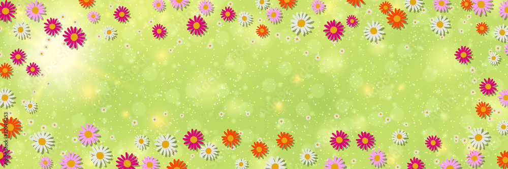 Poster spring banner vector design template. green blurred background with flowers and bokeh effect