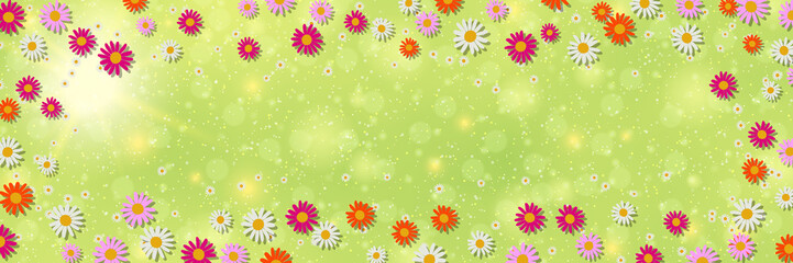 Spring banner vector design template. Green blurred background with flowers and bokeh effect