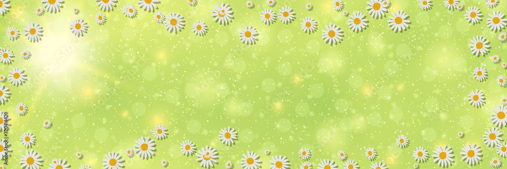 Poster spring banner vector design template. green blurred background with flowers and bokeh effect
