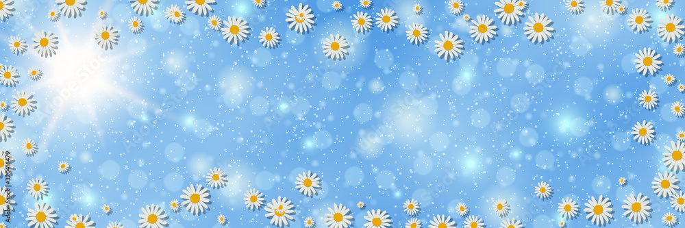 Poster spring banner vector design template. blue sky background with flowers and bokeh effect