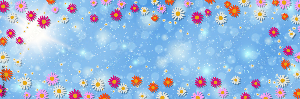 Poster spring banner vector design template. blue sky background with flowers and bokeh effect