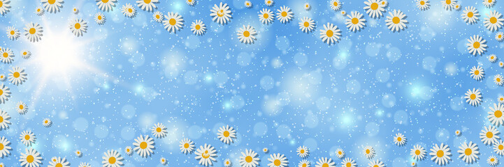 Spring banner vector design template. Blue sky background with flowers and bokeh effect