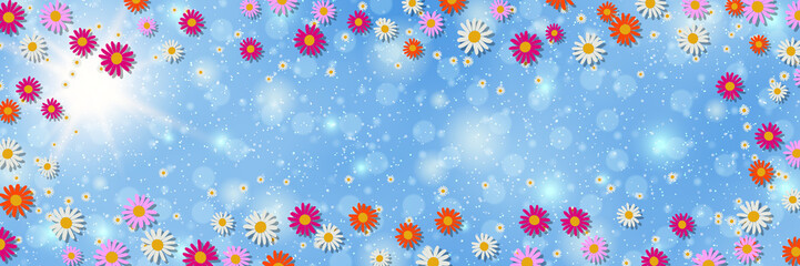 Spring banner vector design template. Blue sky background with flowers and bokeh effect