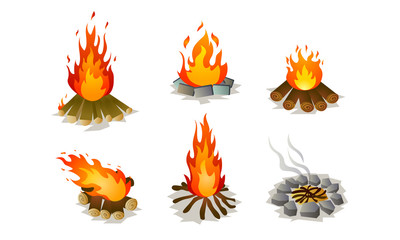 Set of burning bonfire on nature vector illustration