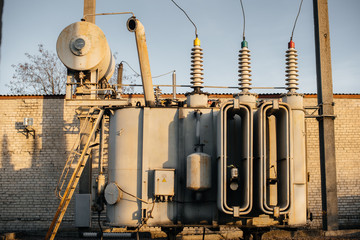 Power transformer at the electrical substation. Power engineering. Industry