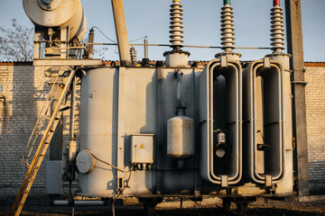 Power transformer at the electrical substation. Power engineering. Industry