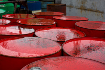 Barrel warehouse in the technological warehouse. Mineral oils
