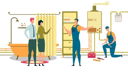 Heating Company Technicians Team Installing Boiler