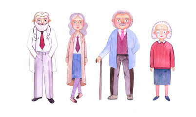 4 elderly people. Two grandmothers and two grandfathers. One adult male doctor in a white coat