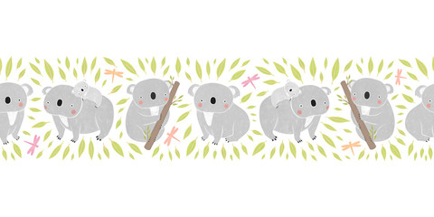 Seamless border with funny koalas. Cute koalas, dragonflies and leaves on a white background