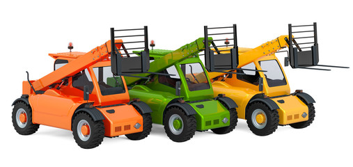 Set of forklift trucks. Telescopic handlers, 3D rendering