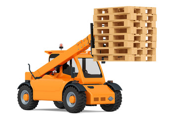 Telescopic handlers, forklift truck with wooden pallets. 3D rendering