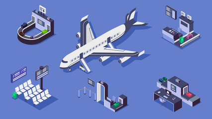 Airport isometric color vector illustrations set. Luggage belt, commercial airplane and security checkpoint 3d concept isolated on blue background. Baggage scanner, terminal and check in counter