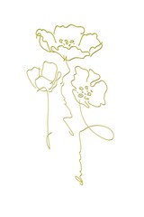 Abstract drawing of poppies drawn in gold on a white background.