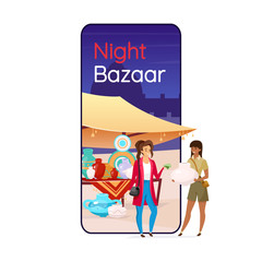 Night bazaar cartoon smartphone vector app screen. Istanbul street market. Mobile phone display with flat character mockup. Traditional eastern fair. Turkish souk application telephone interface