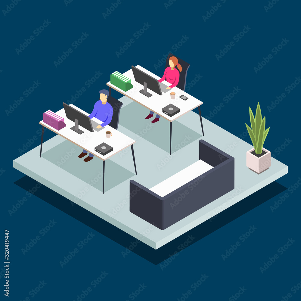 Poster modern book library room isometric color vector illustration. student in university computer class. 