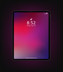 Realistic new tablet computer mockup design with abstract colored geometric wallpaper. Modern tablet PC isolated on dark grey background. Vector Illustration
