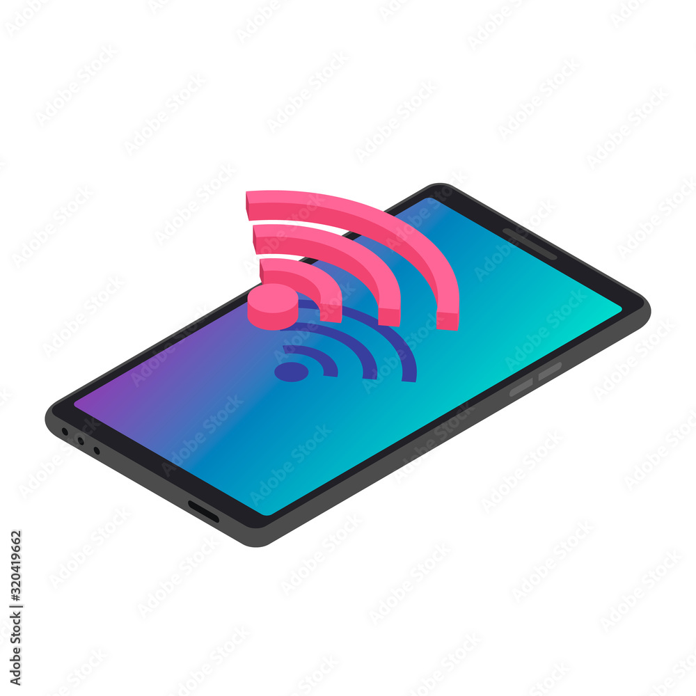 Poster smartphone wireless internet connection isometric color vector illustration. wifi signal, modern tel