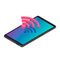 Smartphone wireless Internet connection isometric color vector illustration. Wifi signal, modern telecommunication. Mobile phone with Wi fi access 3d concept isolated on white background