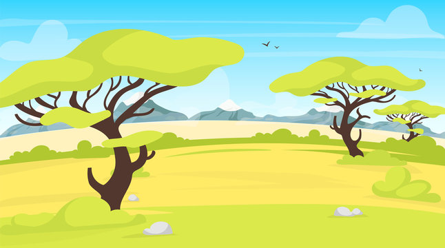 Safari landscape flat vector illustration. African outdoor scene. Green savannah field with trees. Meadow green scenery. Exortic and tropical grassland. Panoramic valley cartoon background