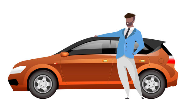 Man standing by hatchback flat color vector faceless character. African american businessman with auto isolated cartoon illustration for web graphic design and animation. Happy family car owner